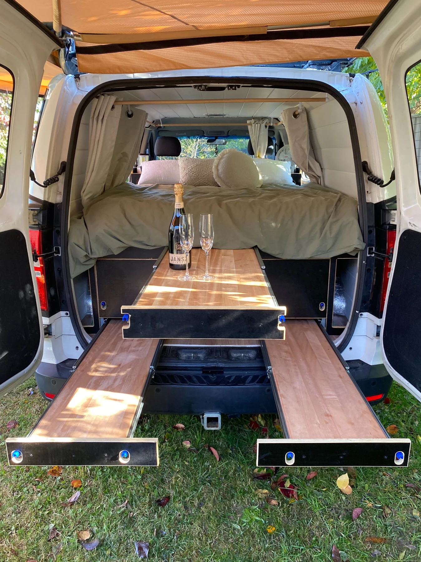 Rear sleeping and storage area of previous camper van build