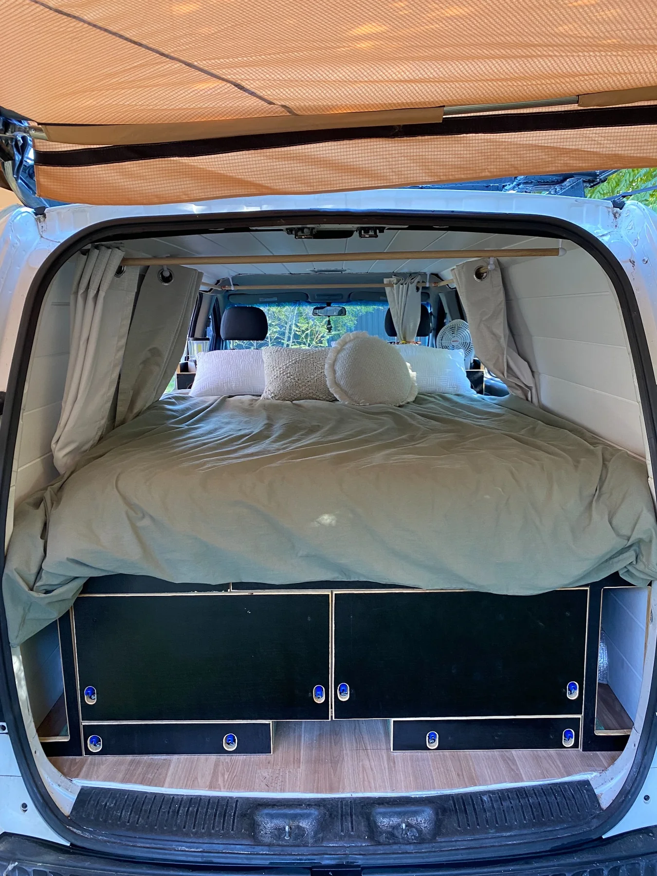 Rear view of completed camper van conversion
